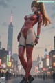 A woman in a red latex outfit standing in the middle of a city.