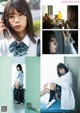 A collage of photos of a woman in a lab coat and glasses.